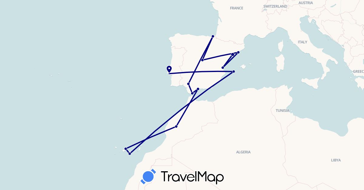 TravelMap itinerary: driving in Spain, Gibraltar, Morocco, Portugal (Africa, Europe)